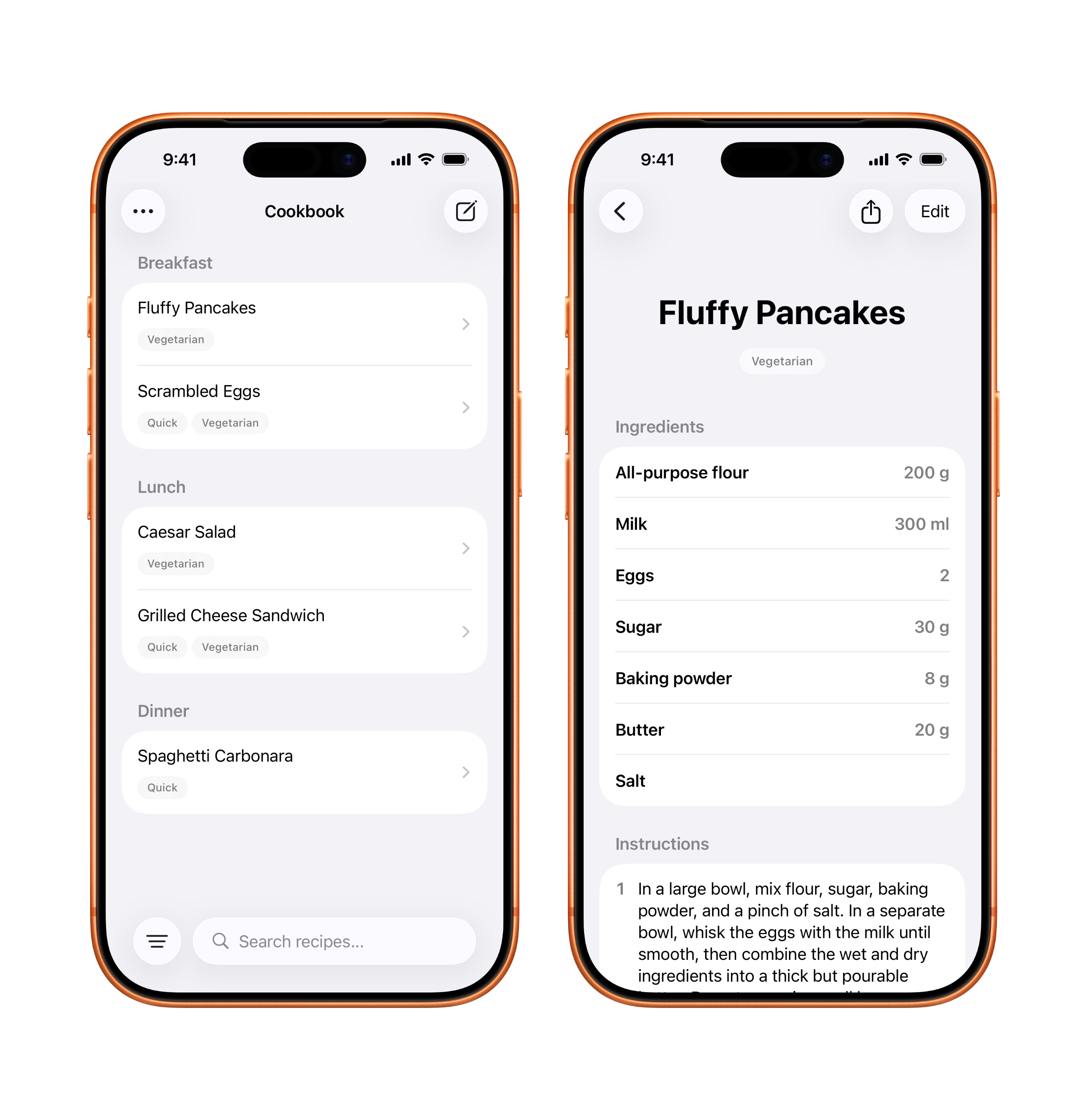 Three iPhone mockups showing the Dead Simple Cookbook app for iOS.