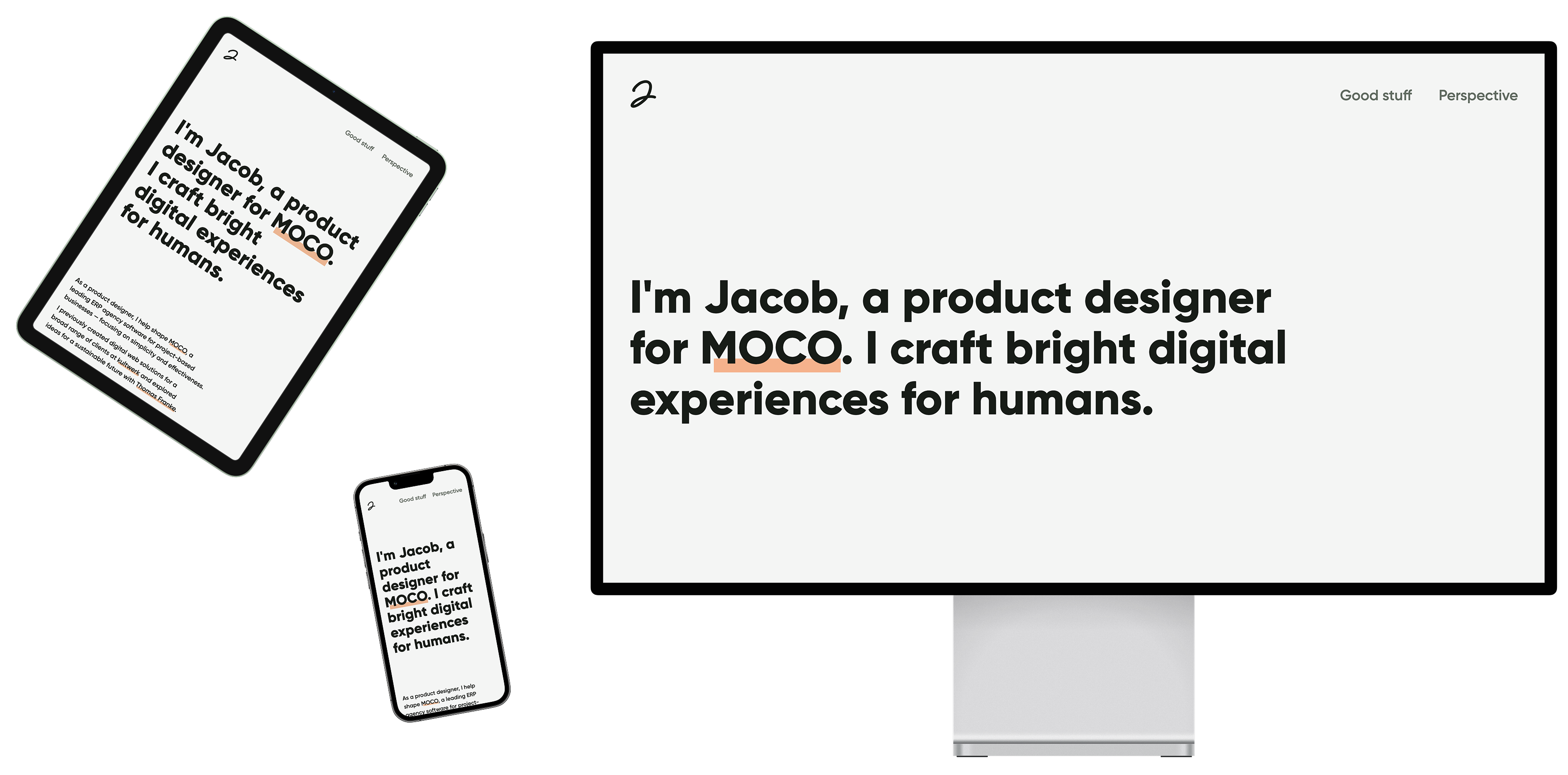 A desktop, tablet and smartphone mockup with screenshots of Jacobs personal website.
