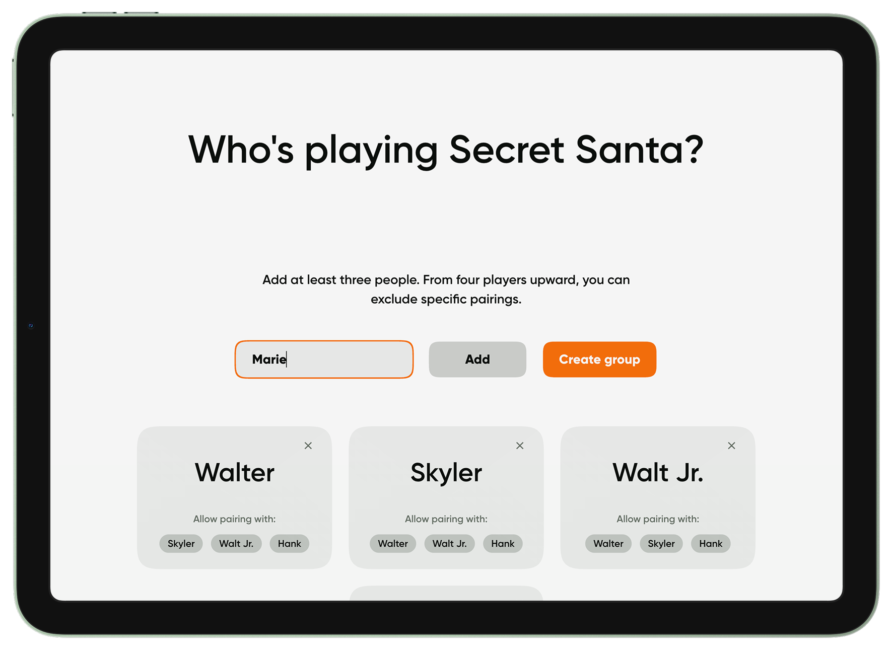 A tablet with the Secret Santa app, showing the group creation view.