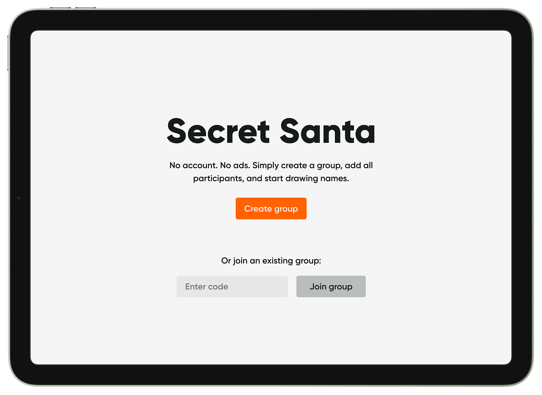 A tablet mockup showing the Secret Santa web application.