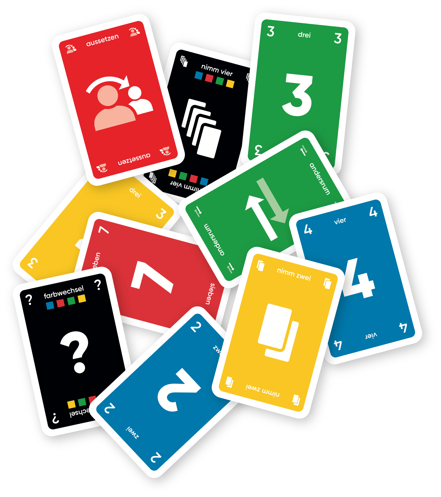 A scattered stack of UNO cards, with vibrant colors and a modern design.
